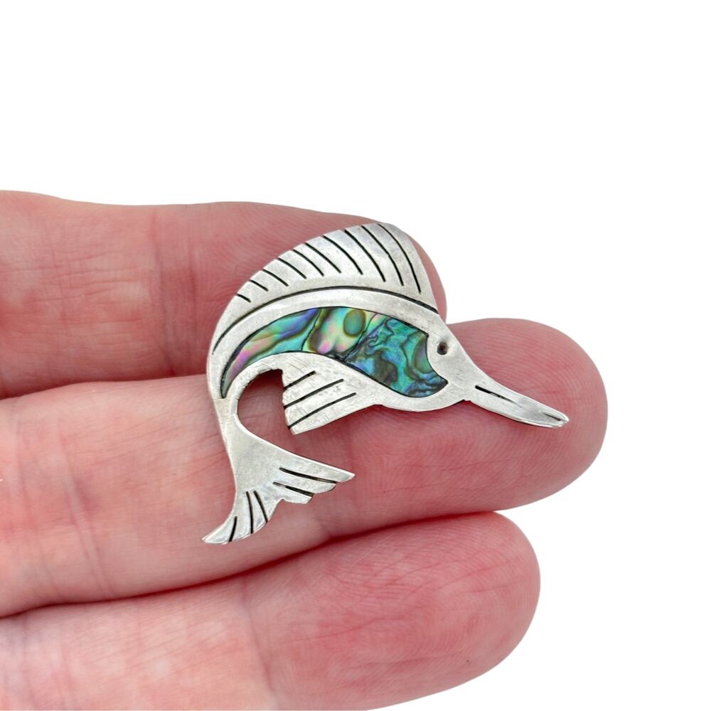 Vintage Mexican Taxco Sterling Silver 925 Abalone Marlin Brooch